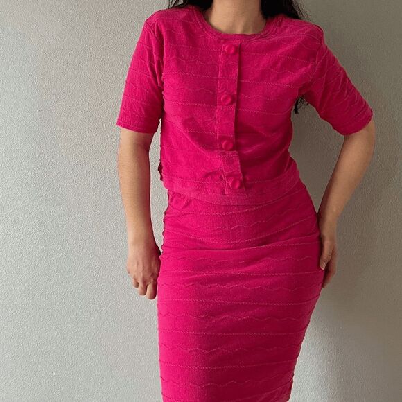 vtg 80s hot pink knit two piece fitted skirt set short sleeve top retro small - Picture 2 of 7